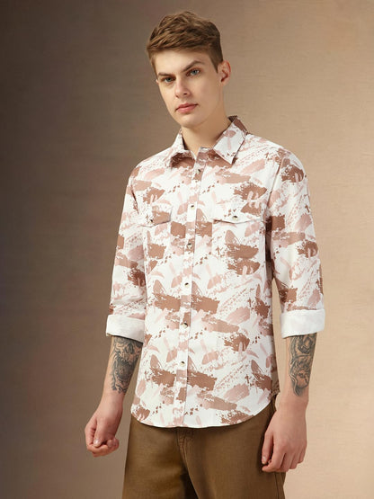 Dennis Lingo Men Brown Aop Relaxed Fit Full Sleeve Spread Collar Shirts