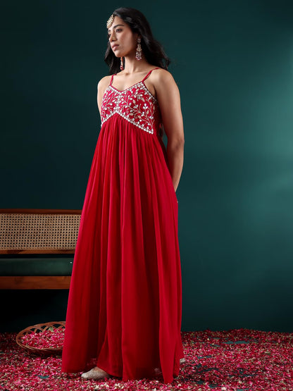 Varanga Women Fuchsia Embroidered Anarkali Kurta Set With Tonal Dupatta  Zari & Mirror Embroidery, V-Neck, Fringed Dupatta