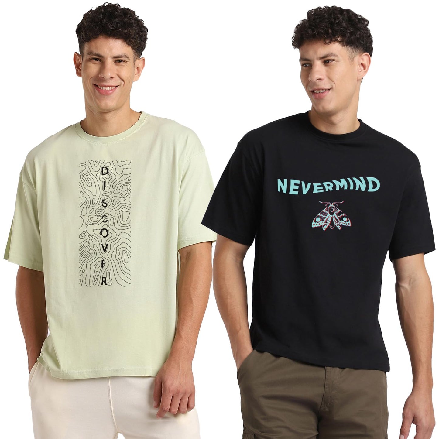 Nobero MenS Graphic Oversized Fit T-Shirt (1M-Twrt-C0869-X_Aloe Green/Black