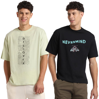 Nobero MenS Graphic Oversized Fit T-Shirt (1M-Twrt-C0869-X_Aloe Green/Black