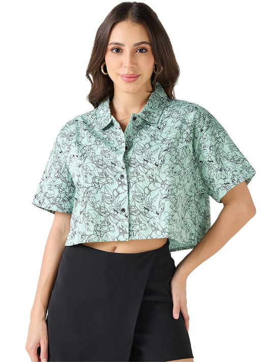 Bewakoof Official Looney Tunes Merchandise Womens All Over Printed Oversized Fit Half Sleeve Collared Cotton Crop Shirt_628170_
