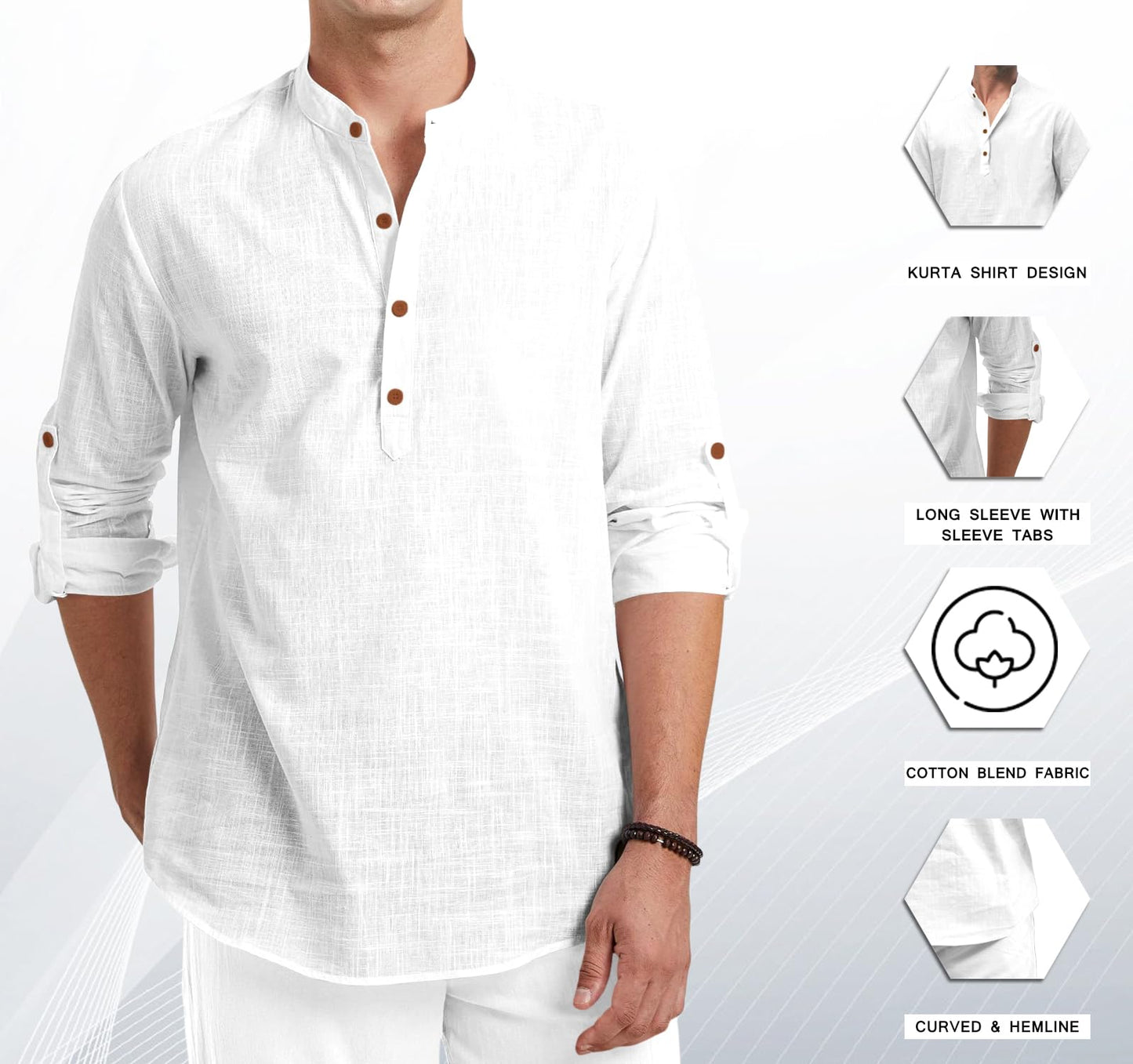 ROYALSCOUT Men Cotton Blend Full Sleeve Short Kurta White