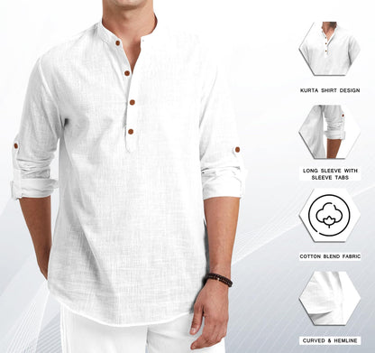 ROYALSCOUT Men Cotton Blend Full Sleeve Short Kurta White