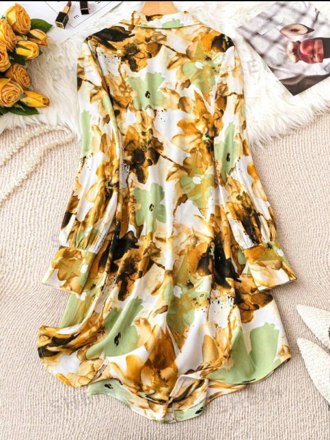 Gufrina WomenS Rayon Dress With Long Puff Sleeves Mandarin Collared Neck Tie Die Printed A-Line Style Regular Fit And Knee Leng