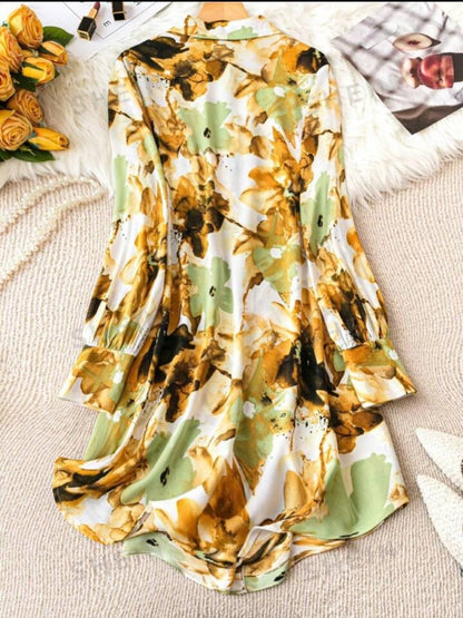 Gufrina WomenS Rayon Dress With Long Puff Sleeves Mandarin Collared Neck Tie Die Printed A-Line Style Regular Fit And Knee Leng