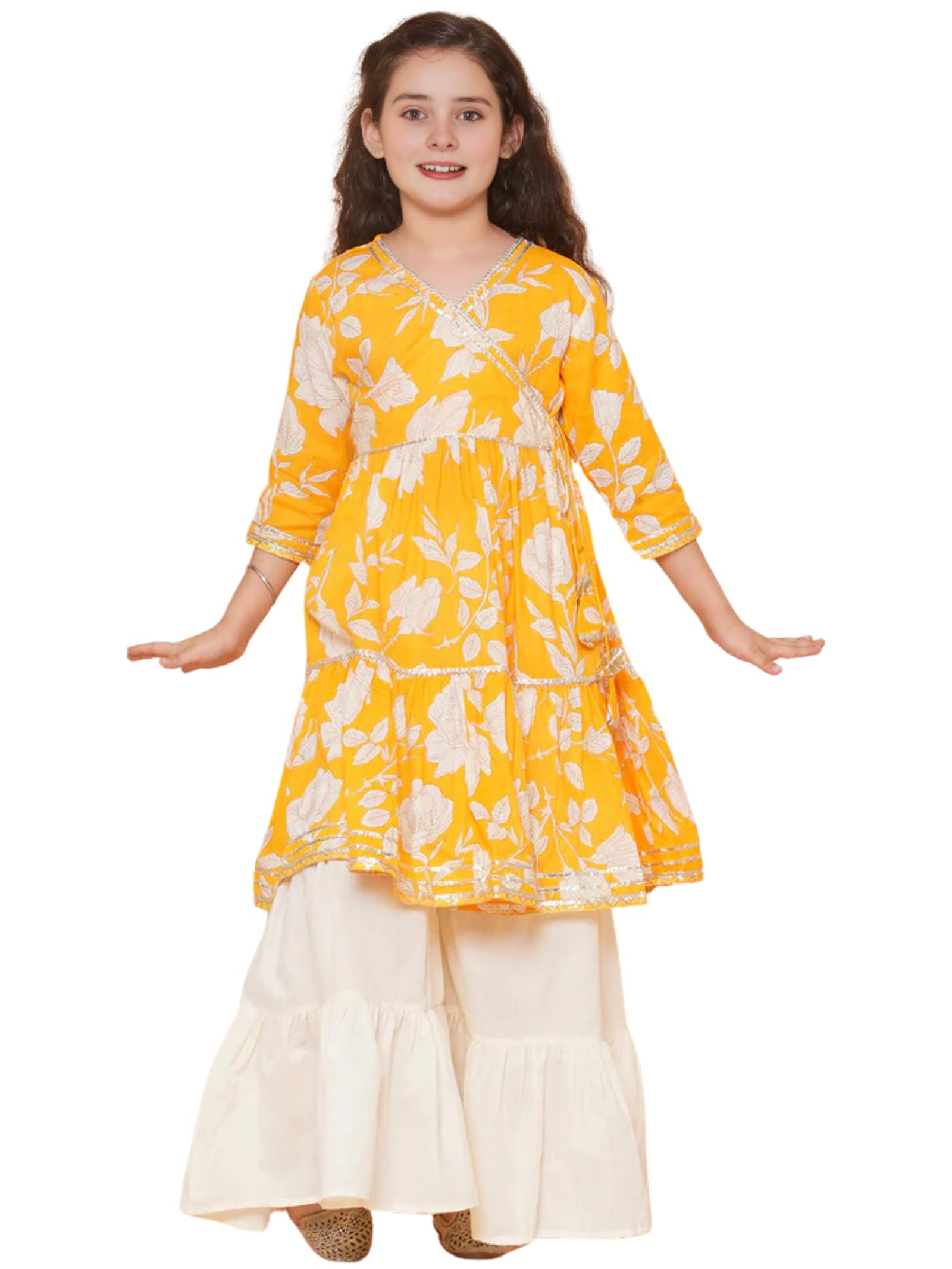 Naixa Girls Yellow Rayon V Neck 3/4 Sleeve Floral Printed Kurta And Sharara With Dupatta Set | Latest Floral Designer Printed Sa