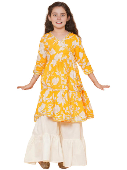 Naixa Girls Yellow Rayon V Neck 3/4 Sleeve Floral Printed Kurta And Sharara With Dupatta Set | Latest Floral Designer Printed Sa