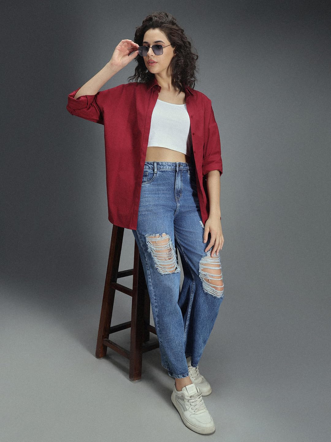 High Star WomenS Solid Oversized Fit Shirt (Hswshs2427_Rd_Red