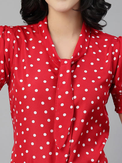 Style Quotient Women Polka Printed Red White Polycrepe Semi Formal Top