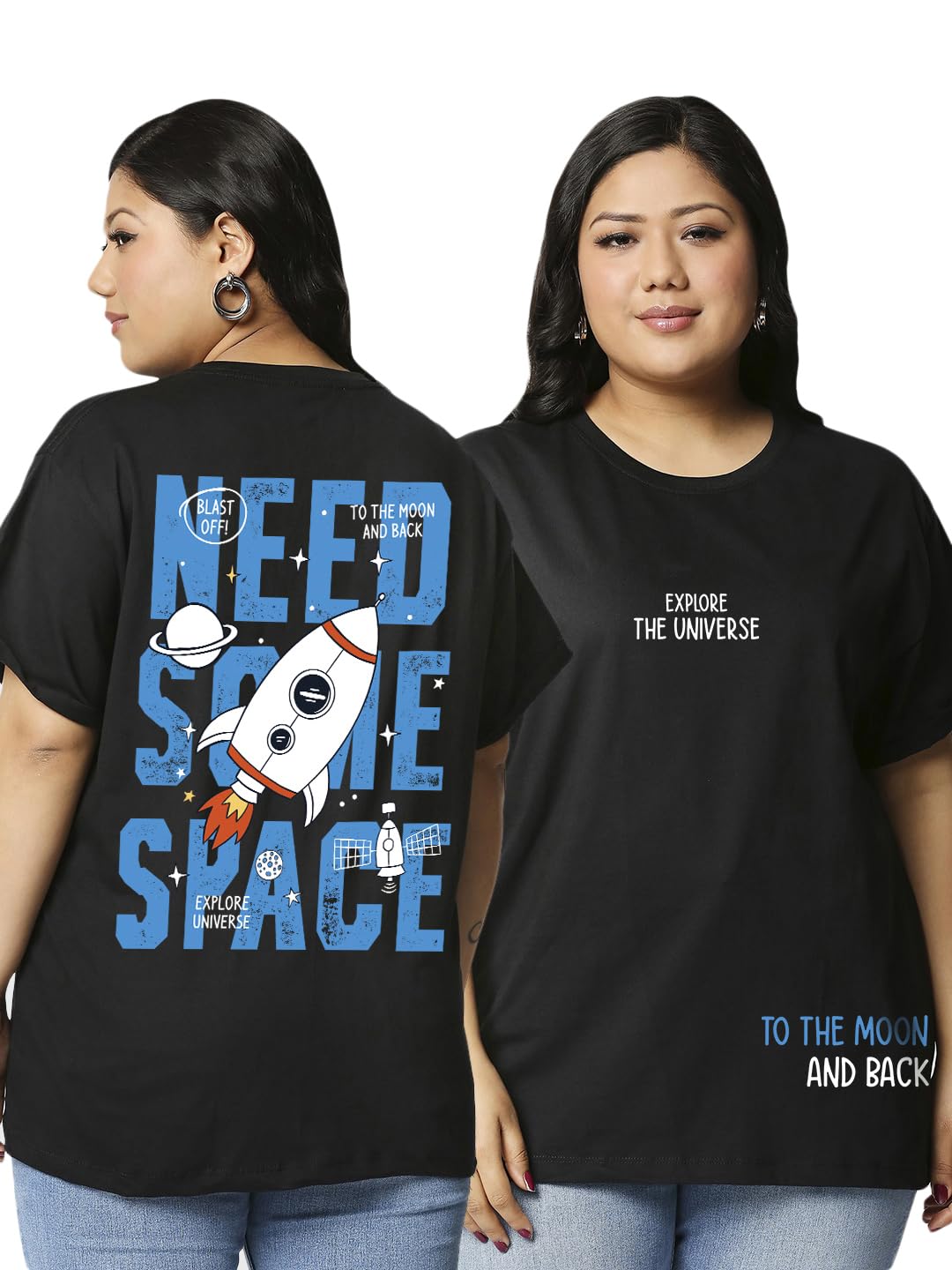 Bewakoof Womens Space X Graphic Printed 100% Cotton Plus Size T-Shirts (Pack of 2) - Oversized Fit, Round Neck, Half Sleeves_59
