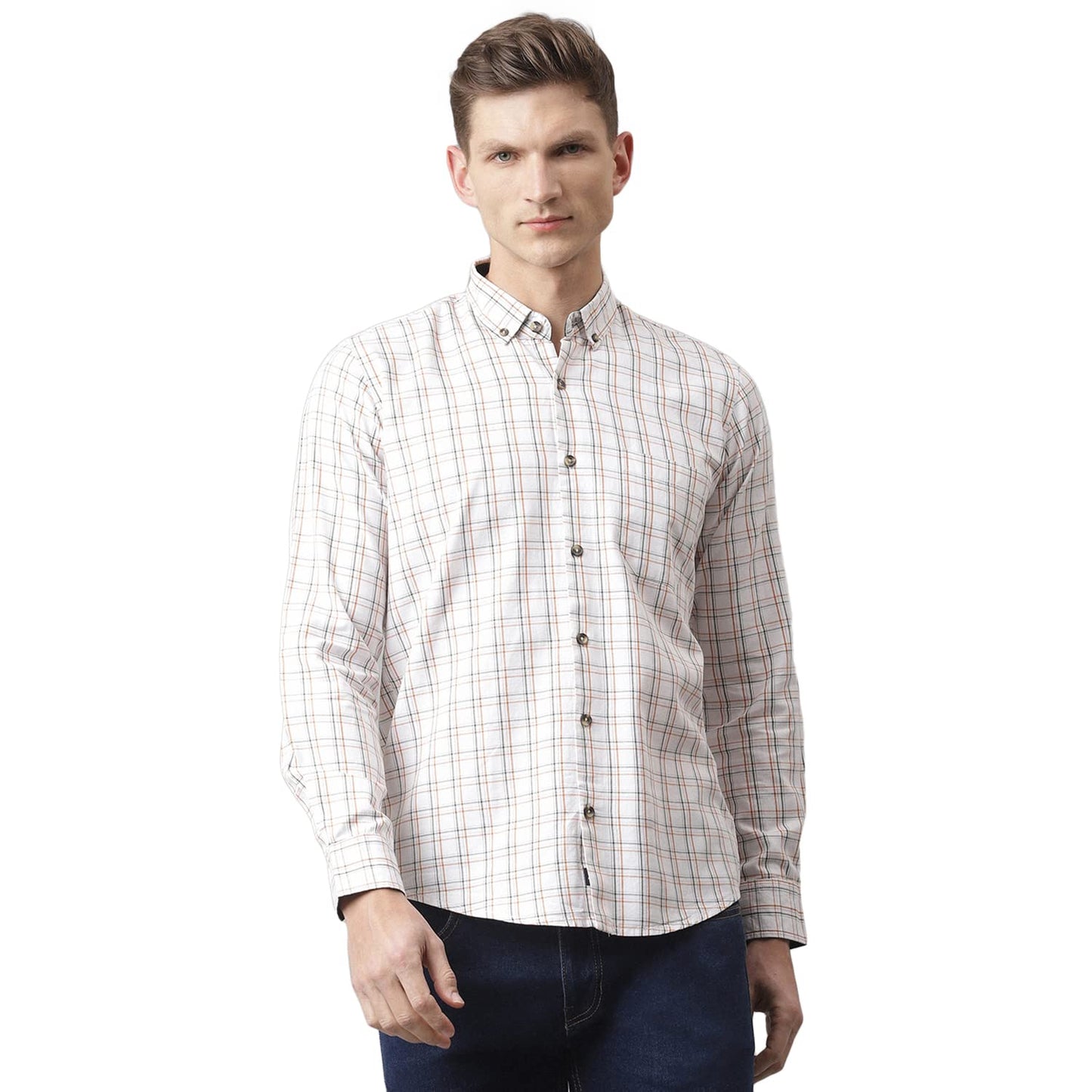 Thomas Scott Mens Checkered Slim Fit 100% Cotton Casual Shirt with Button Down Collar and Full Sleeve White