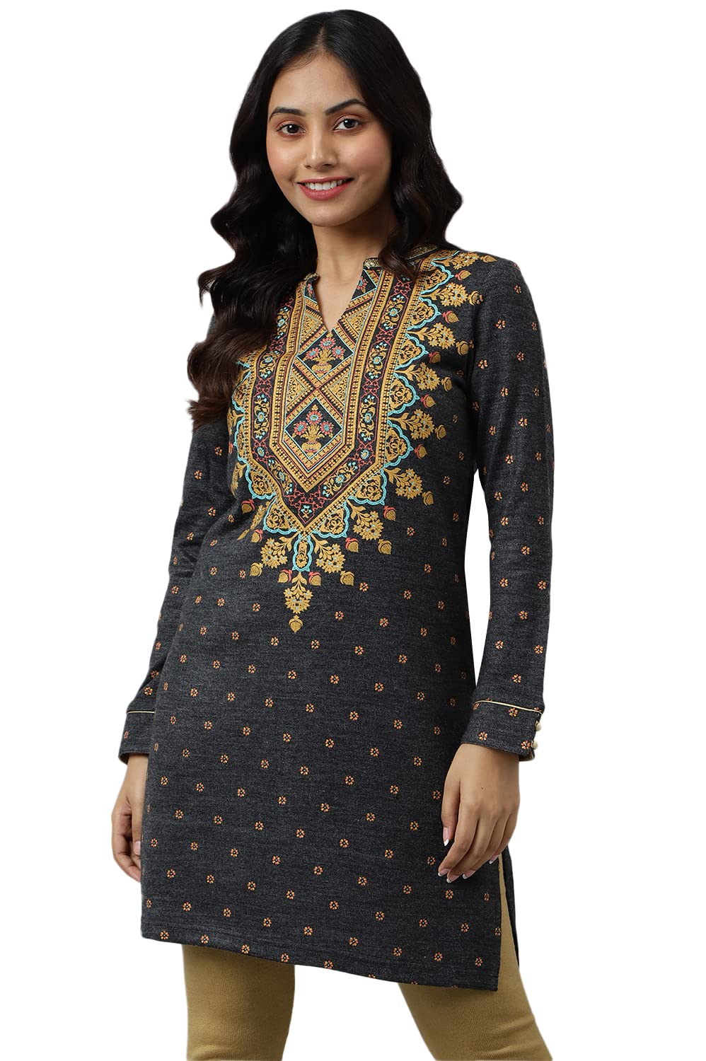 Aurelia Women Dark Grey Mix Acrylic Floral Printed Straight Kurti