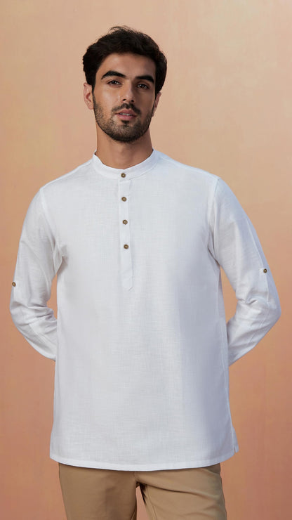 Manyavar Mens Short Kurta Only, Ethnic Short Kurta For Men, Full Sleeves Mandarin Collar Self Design Blended Cotton Short Kurta