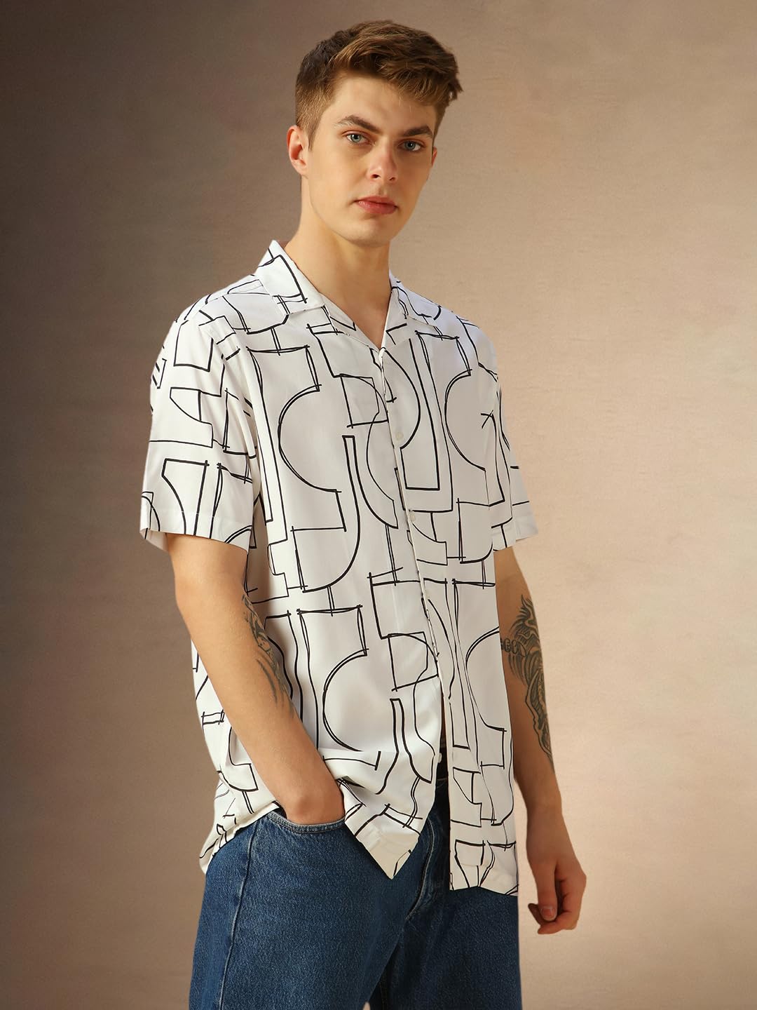 Dennis Lingo Men White Printed Cotton Relaxed Fit Half Sleeve Shirts