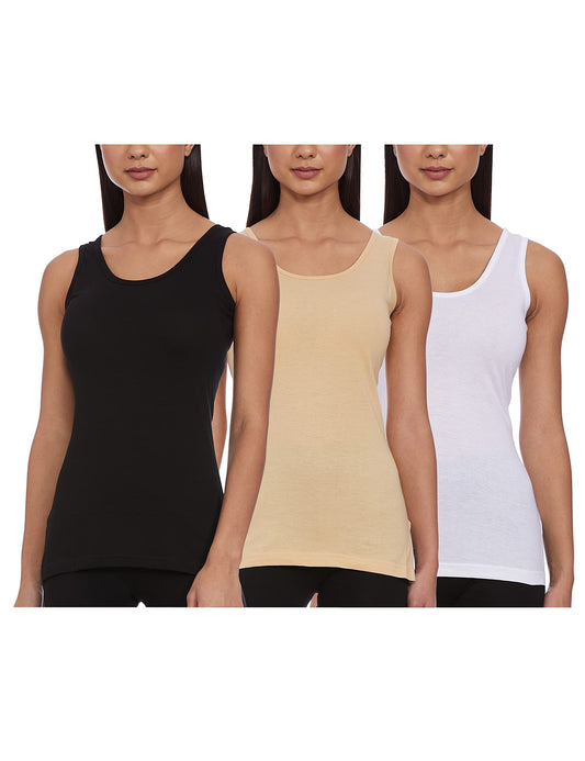 Rupa Softline Regular Fit Women Super Combed Cotton Long Camisole, Under-Shirt, Stretchable and Body-Hugging, Solid Color,Pack o