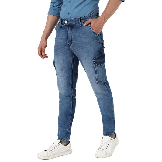 Campus Sutra Mens Blue Medium-Wash Cargo Denim Jeans | Stretchable Cotton Mid-Rise Denim Jeans Crafted with Comfort Fit and Hig