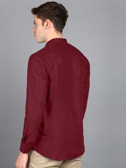 Mildin MenS Regular Cotton Blend Red Slim Fit Solid Button Down Mandarin Chinese Collar Full Sleeve Curved Hemline Casual Shirt