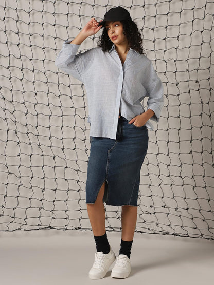 Hubberholme Women Striped Longline Length Oversized Spread Collar Spread Collar Long Sleeve Shirt
