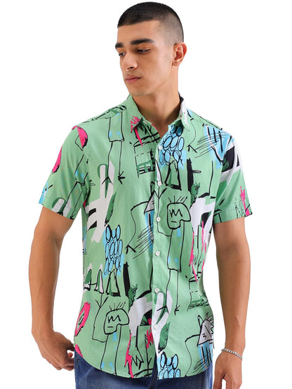 The Indian Garage Co Men Green Abstract Printed Slim Fit Cotton Casual Shirt