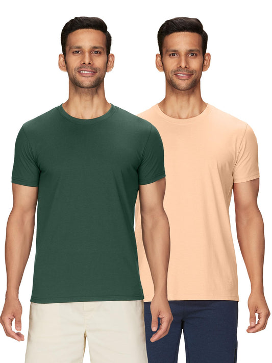 XYXX Mens Solid Regular Fit T-Shirt (XY_CR15_Tshirt_2_Pine Green+Peach Blush