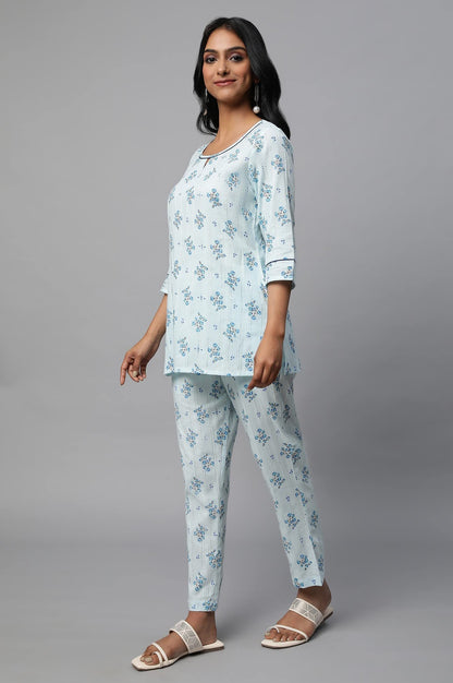 Blue Floral Print Summer Kurti Co-Ord Set
