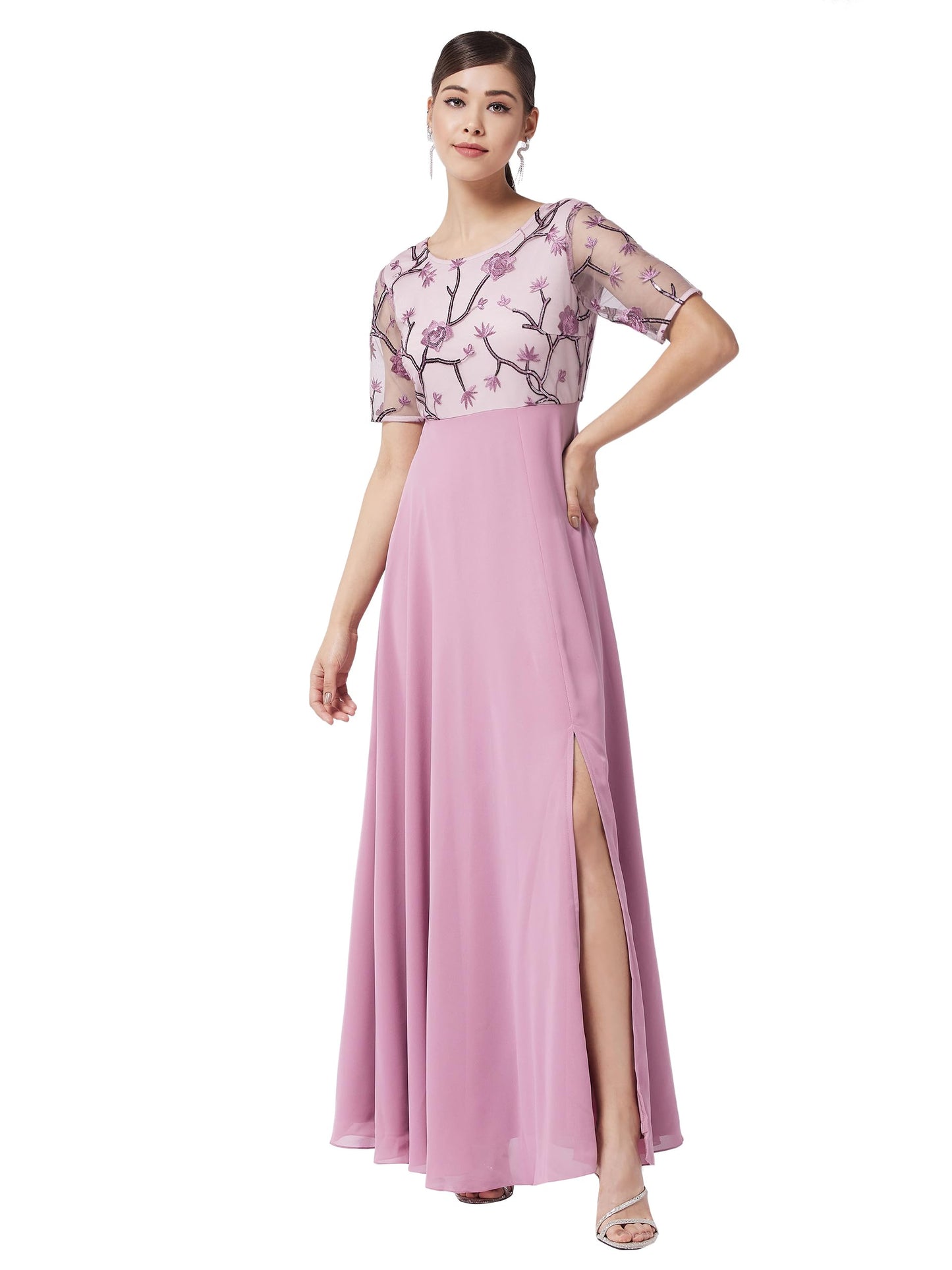Miss Chase Womens Round Neck Half Sleeve Embellished Maxi Dress (MCAW21D06-40-196-05, Dusty Lavender, L)