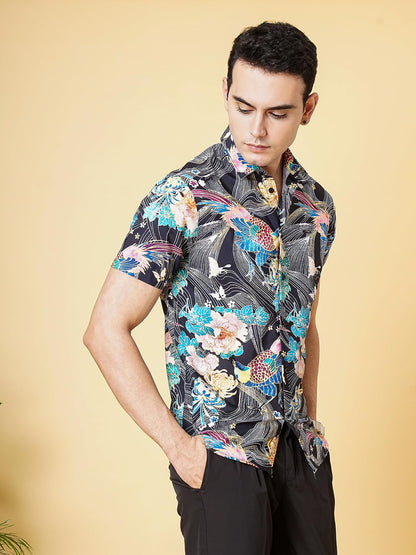 The Indian Garage Co Blue Regular Fit Spread Collar Floral Print Short Sleeves Shirt
