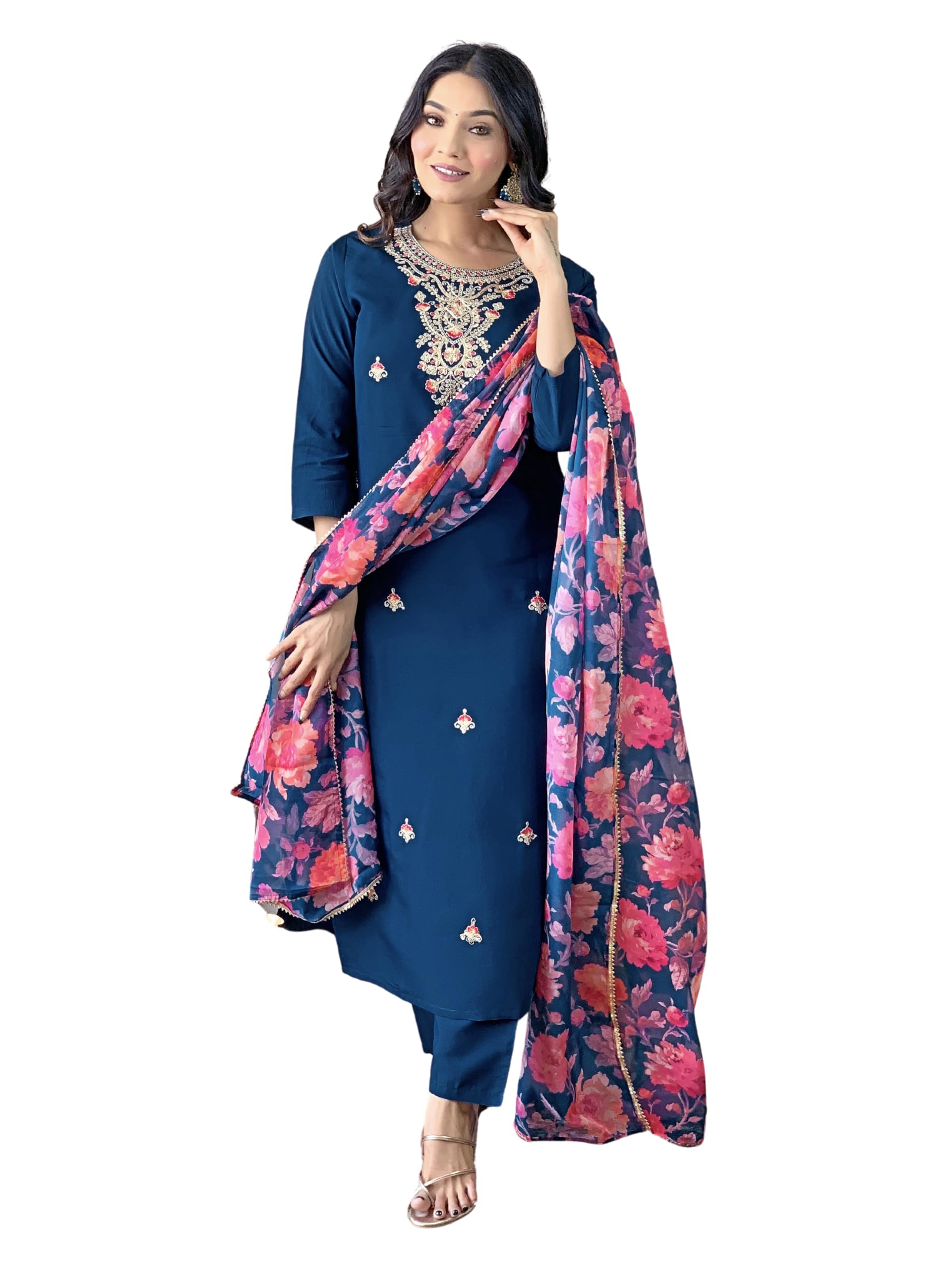 Naixa Womens Petrol Rayon Blend Embroidered and Printed Straight Kurta with Rayon Blend Pant and Organza Printed Dupatta Sets (