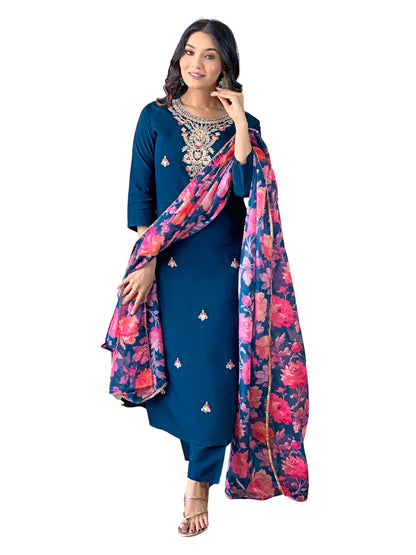 Naixa Womens Petrol Rayon Blend Embroidered and Printed Straight Kurta with Rayon Blend Pant and Organza Printed Dupatta Sets (