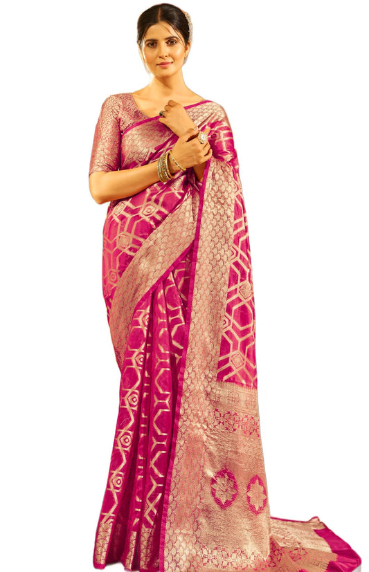 Madhuhansh Womens Organza Plain Saree With Patola Printed Solid Pattern 6 Yard Length And Unstitched Blouse Piece