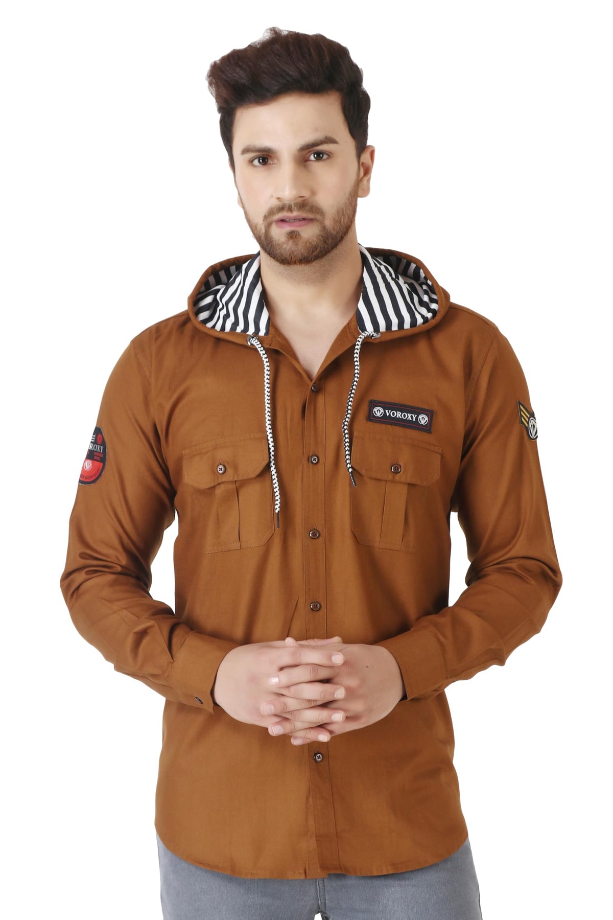 Besix MenS Red Tailored Fit Cotton Blend Shirt For Man With Hoodie - Casual Long Sleeve Shirt With Pockets - Patch Detail For S