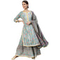 ishin Women's Pure Cotton Blue Embroidered & Gotta Patti Straight Kurta suit set With Dupatta & Sharara