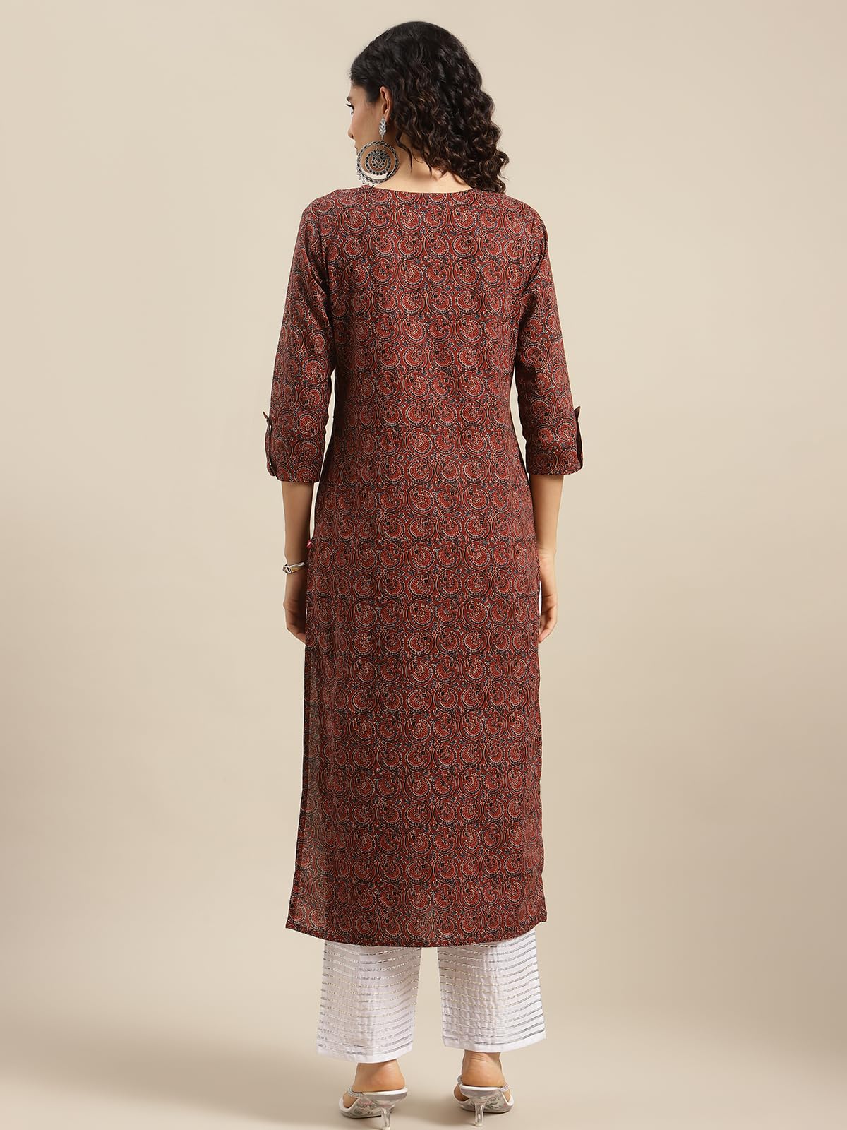 Varanga WomenS Maroon & Blue Bandez Printed Straight Kurta, Round Neck, Three-Quarter Sleeves, Side Slits & Straight Hemline For