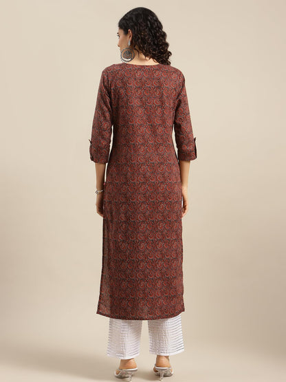 Varanga WomenS Maroon & Blue Bandez Printed Straight Kurta, Round Neck, Three-Quarter Sleeves, Side Slits & Straight Hemline For
