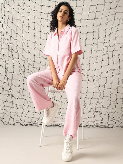 Hubberholme Women Cotton Solid Oversized Fit High-Rise Spread Collar Short Sleeves Co-Ord