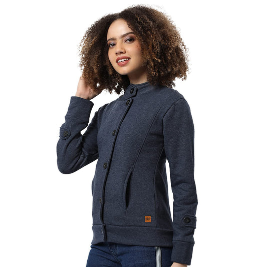 Campus Sutra Women Navy Blue Solid Regular Fit Cotton Jacket For Winter Wear | Standing Collar | Full Sleeve | Buttoned | Casual