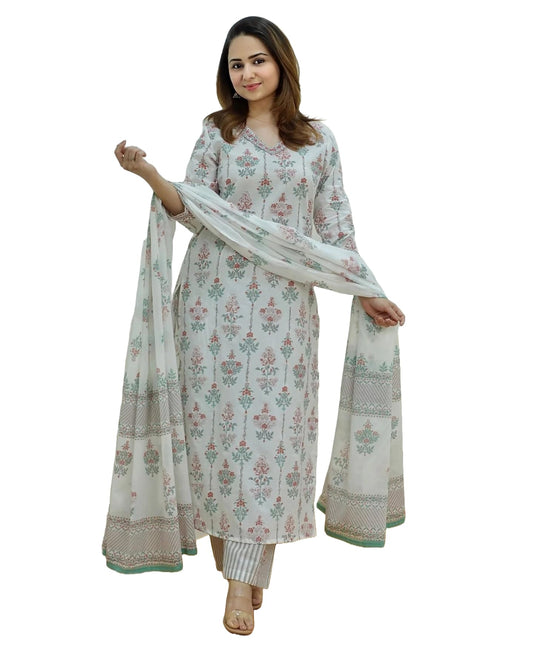 KLOSIA Women Printed Kurta and Pant Set with Dupatta (IN, Alpha, S, White)