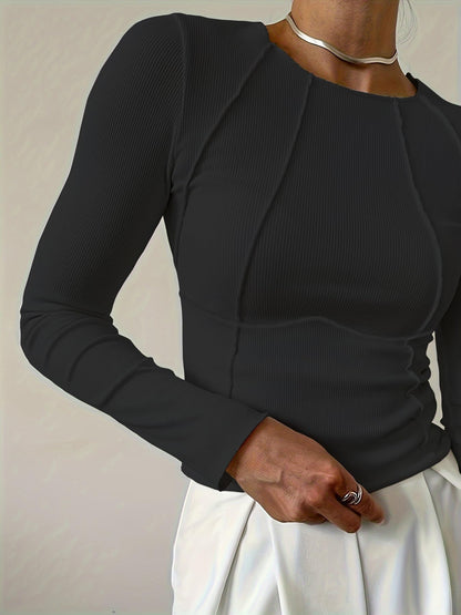 Shasmi Womens Elegant Solid Black Solid Color Split Bust Long Sleeved Round Neck New Spring and Summer Plain Everyday Matching