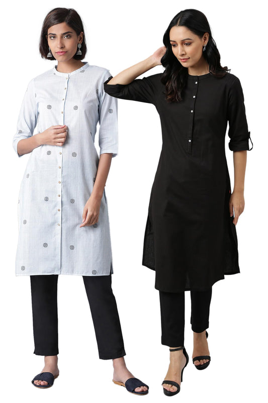 W For Woman Cotton Kurtas Combo | Straight Cotton Kurtas For Women Combo Pack Of 2 Light Blue