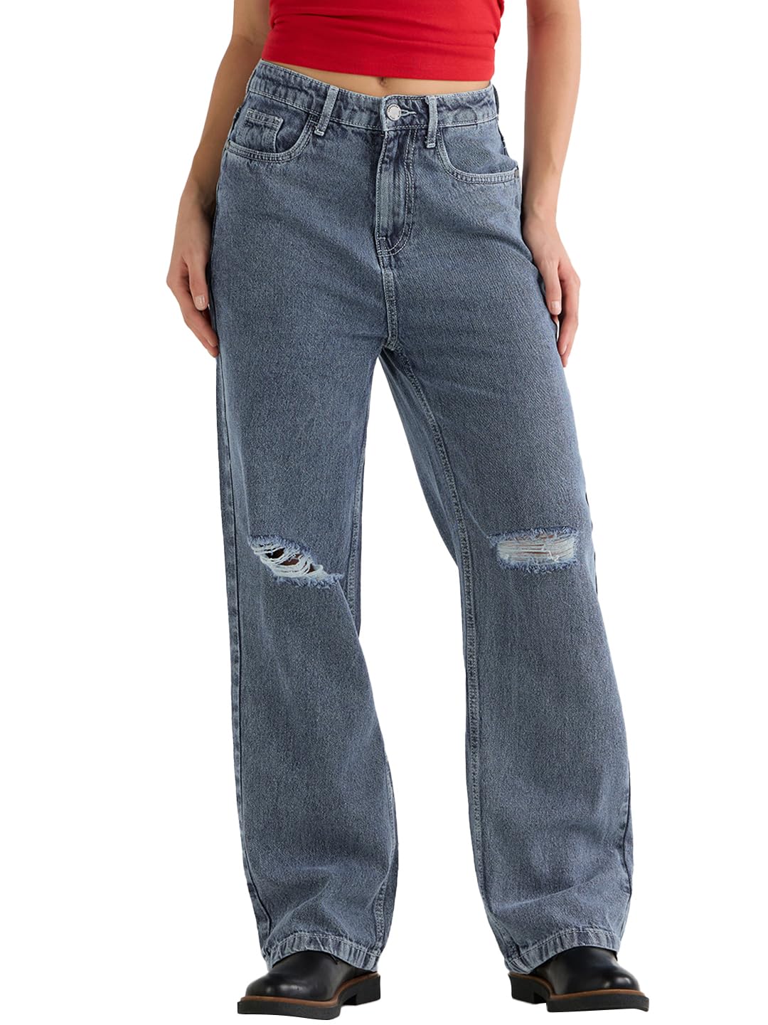 Bewakoof WomenS Baggy Straight Fit Distressed Jeans_624257_Blue_32