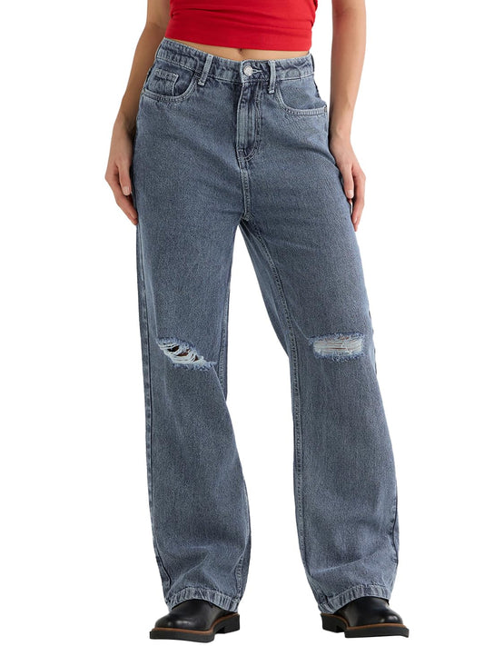 Bewakoof Womens Baggy Straight Fit Distressed Jeans_624257_Blue_36