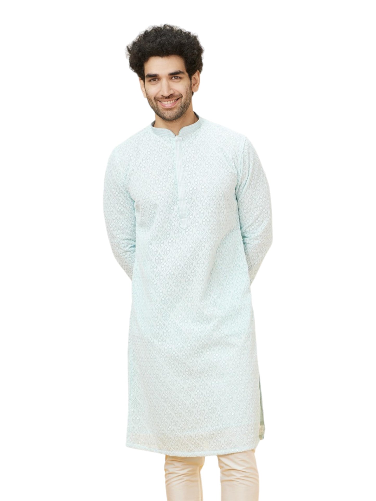 Manyavar MenS Blue Georgette Embroidered Kurta Pyjama Set