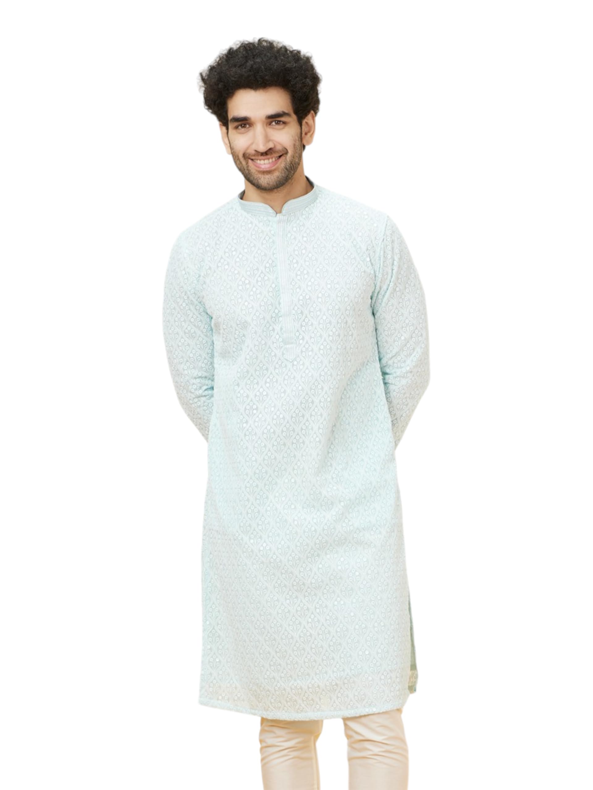 Manyavar MenS Blue Georgette Embroidered Kurta Pyjama Set