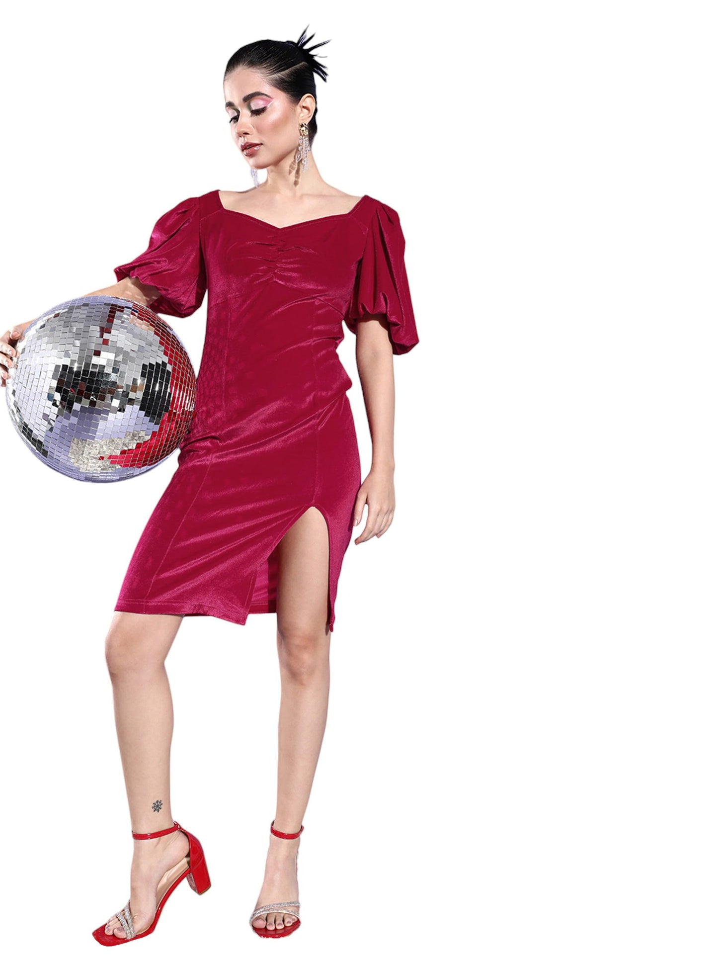 Miss Chase Womens Sweetheart Neck Half Sleeve Solid Bodycon Knee-Long Velvet Dress (MCAW22D13-72-296-06, Fuchsia, XL)
