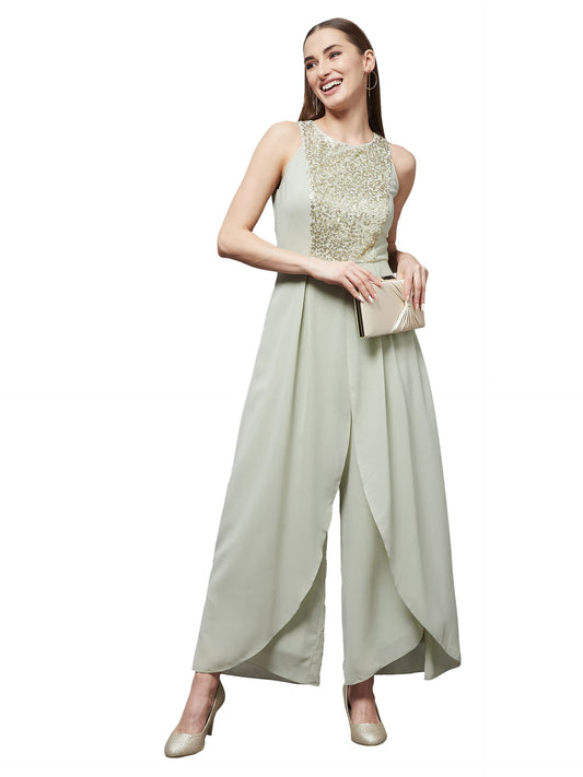 Miss Chase WomenS Dusty Green Halter Neck Sleeveless Solid Embellished Regular Jumpsuit (Mcaw21D04-89-238-03, Dusty Green, S)