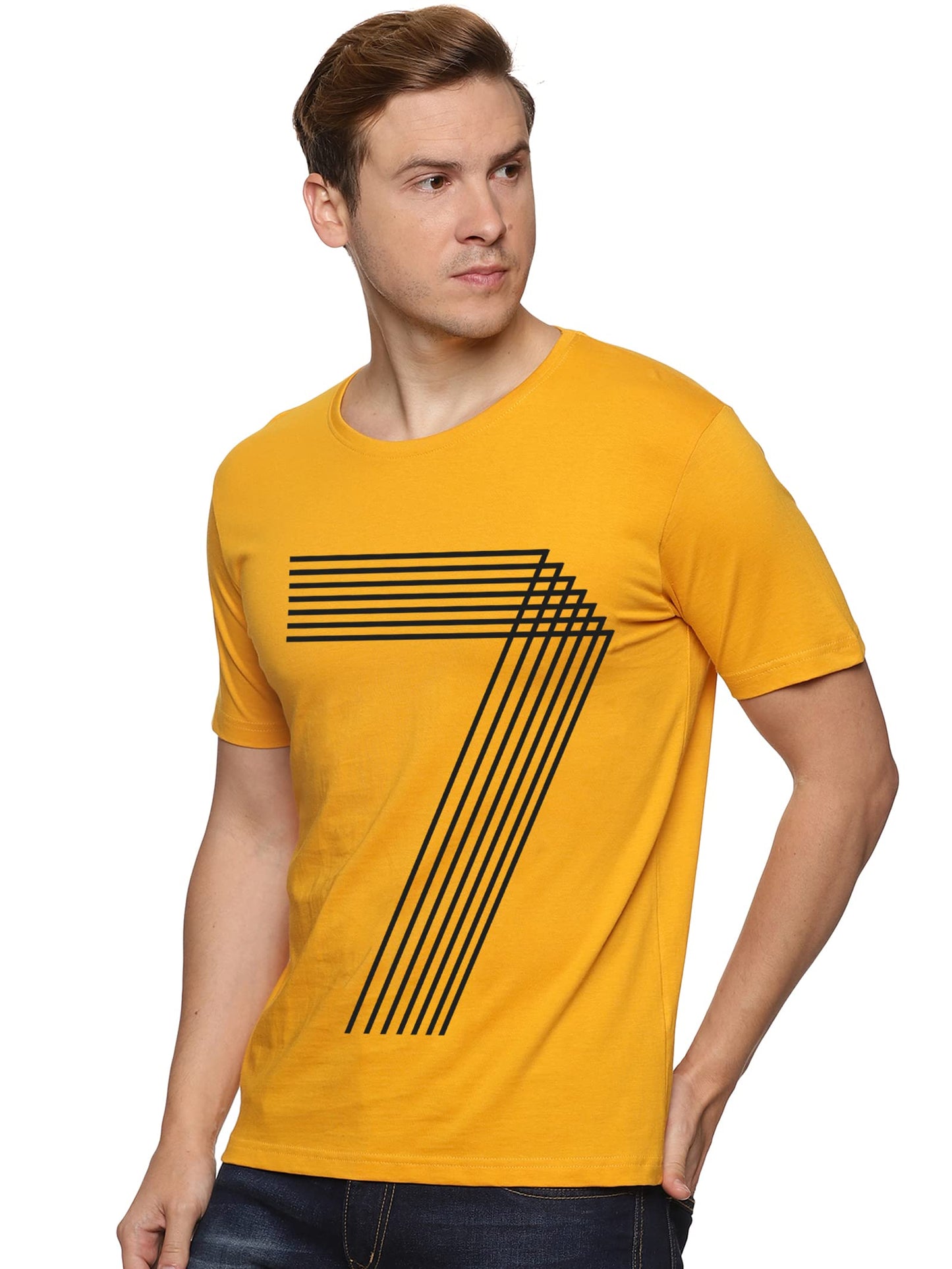 ADRO Men's 7 Number Design Printed T-Shirt (RN23-M-777-MU_Mustard)