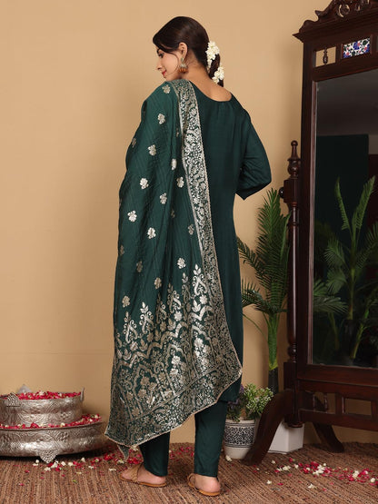Varanga Women Pure Silk Round Neck Embroidered Kurta with Bottom and Dupatta