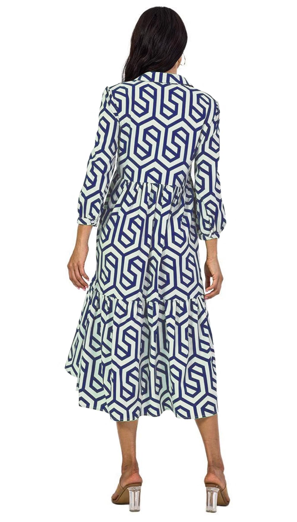 Shasmi Women & Girls Solid Blue Geometric Print Collared Dress With Long Cuffed Sleeves, Panelled Hem And A Button-Up Front Gath