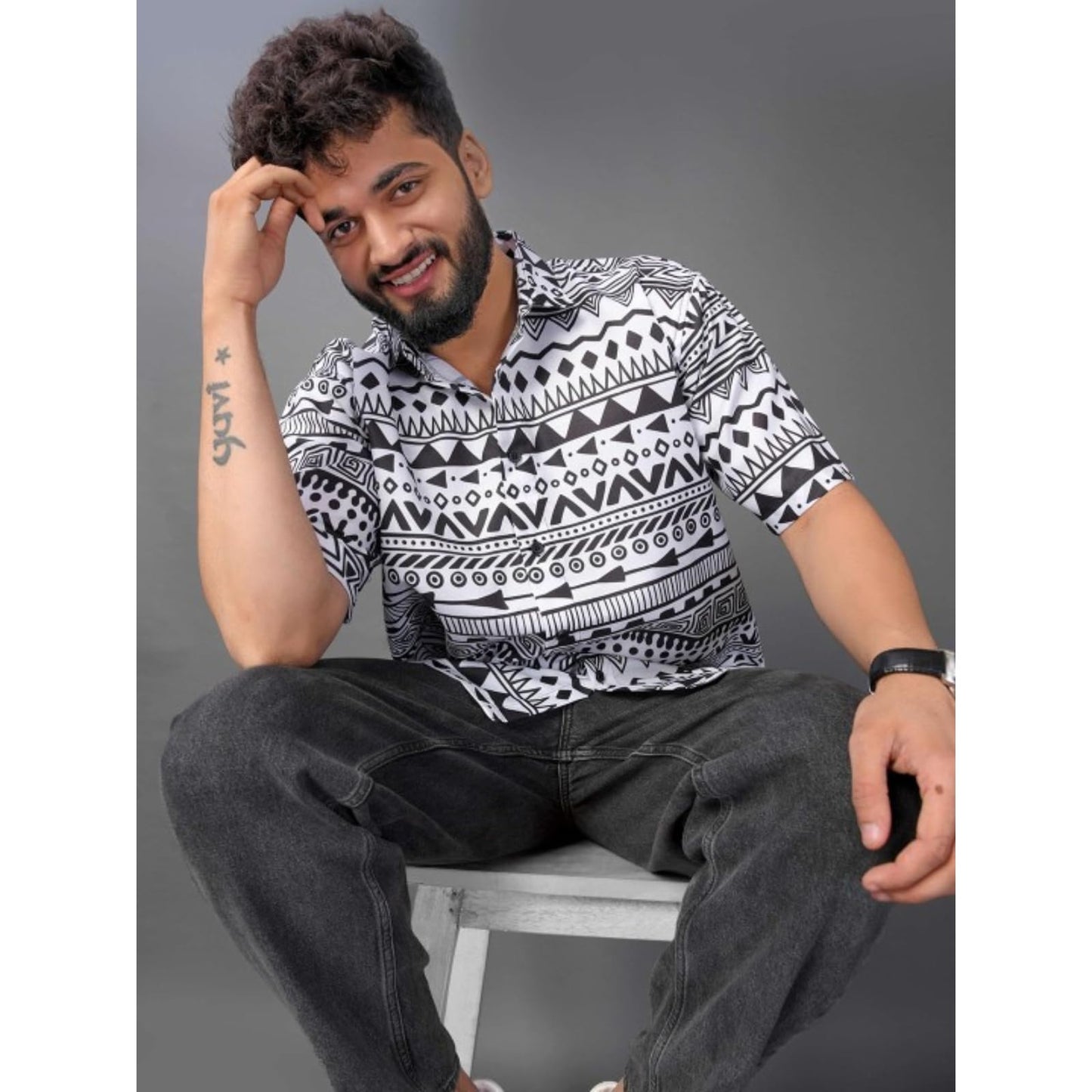 Brown Culture MenS Cotton Blend Abstract Print Shirt With Spread Collared Half Sleeves Standard Length And Button Down Closure