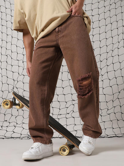 Hubberholme Men Cotton Casual Washed Relaxed Fit Mid-Rise Jeans Brown